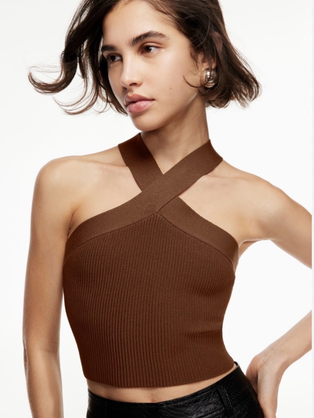Babaton Sculpt Knit Halter Top Brown Cross Front Ribbed Size Large Aritzia